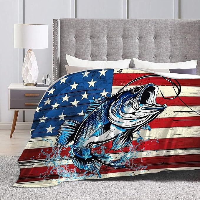Bass Fish Blanket American Flag Fishing Throw Blankets Gifts for Girls Boys Kids Fishing Lover Soft Cozy Fleece Plush for Couch Sofa Bed 60"x50"