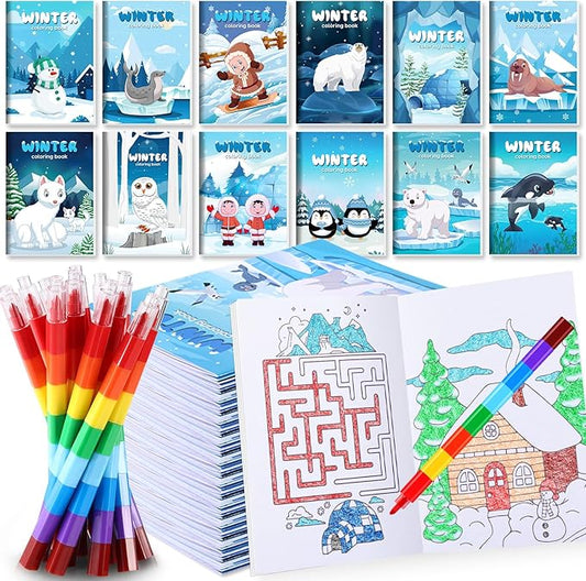 BenLouis 12 Winter Mini Coloring Books Kids with 12 Stacking Crayons Polar Animals Party Favors Small Activity Books Bulk for Kids Winter Holiday Party Gift Goodie Bag Stuffers