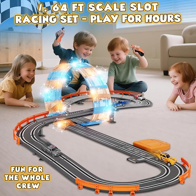 Slot Car Race Track Sets for Boys Age 4 5 6 7 8-12, Electric Race Car Track with 4 High-Speed Racing Car, Dual Racing Game Lap Counter Circular Overpass Track, Christmas Birthday Gifts Toys for Kids