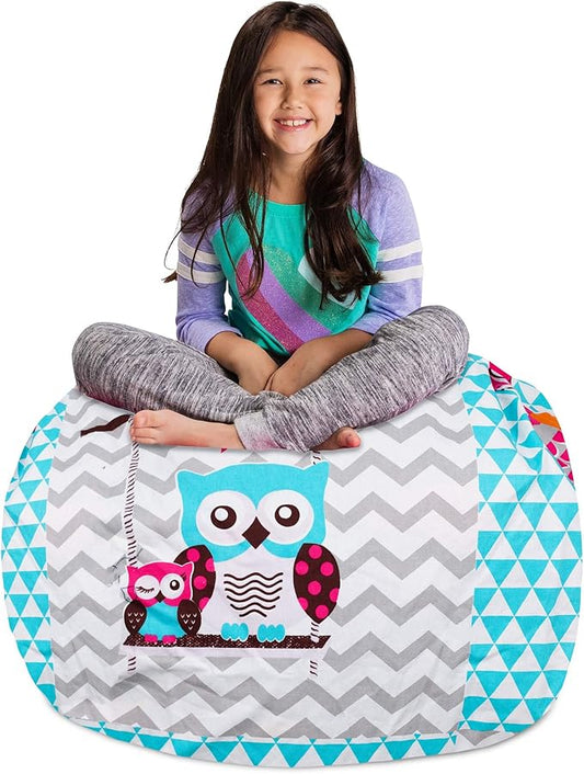 Posh Stuffable Kids Stuffed Animal Storage Bean Bag Chair Cover - Childrens Toy Organizer, Large-38 - Canvas Owls White and Blue