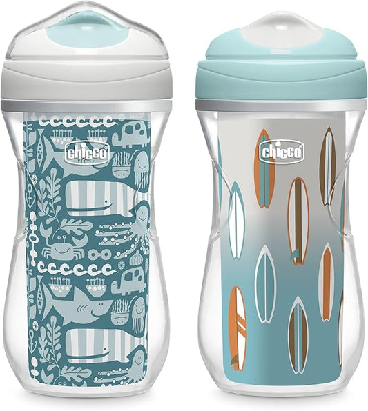 Chicco Double-Wall Insulated Sippy Cup with Bite-Proof Rim Spout and Spill-Free Lid 9oz. | Top-Rack Dishwasher Safe | Easy to Hold Ergonomic Indents | Ocean Print/Surf, 2pk | 12+ months