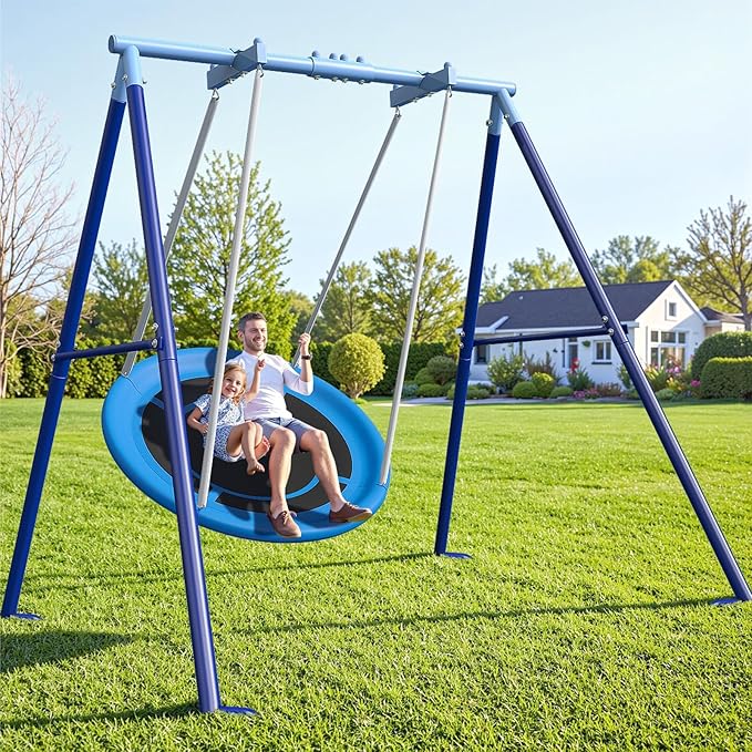 Waterproof 50-Inch Saucer Swing with Frame, 600 lbs Heavy-Duty Metal A-Frame for Outdoor Use, Stabilizer & Large Swing Range Design with Easy Assemble Swing Sets for Backyard for Kids & Adults