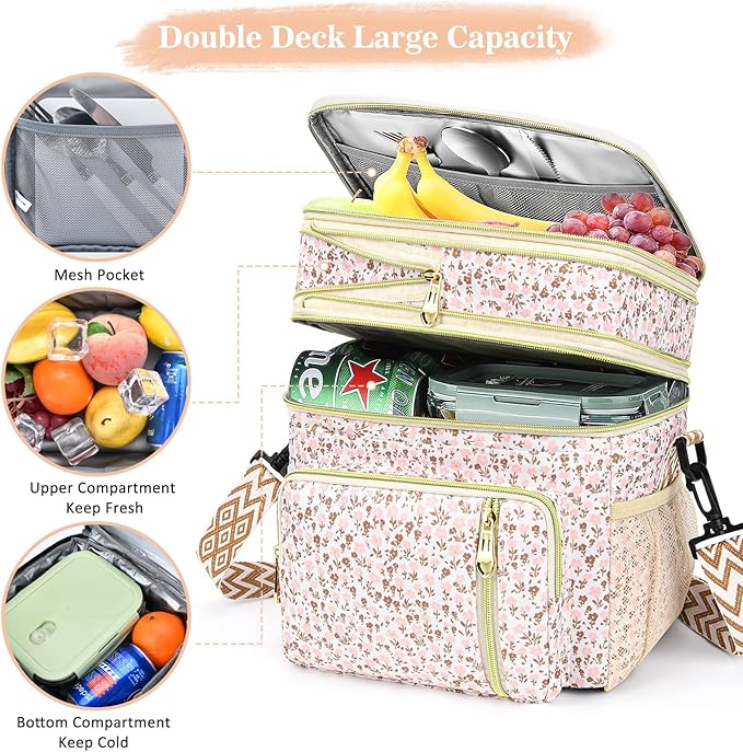 LOKASS Lunch Box for Women-16L-Insulated Lunch Bag Women, Expandable Double-layer Leakproof Cooler Bag with Upgrade Adjustable Shoulder Strap Ideal for Work/Travel/Picnics（White Flower）