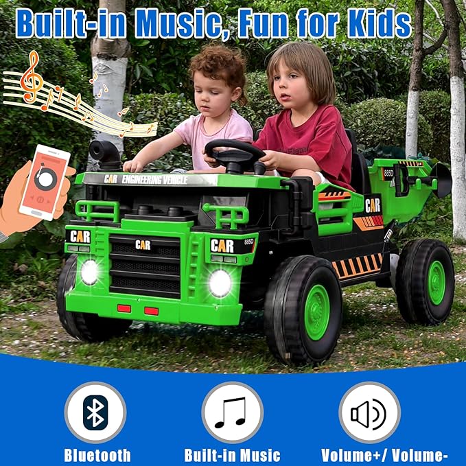 12V 10AH 2-Seater XL Kids Ride on Truck Electric Toy Car with Electric Dump Bed and Extra Shovel, Parents Remote Control, Up to 4Mph, 19.4" Spacious 2 Seats for Boys and Girls Ages 3+, Geen