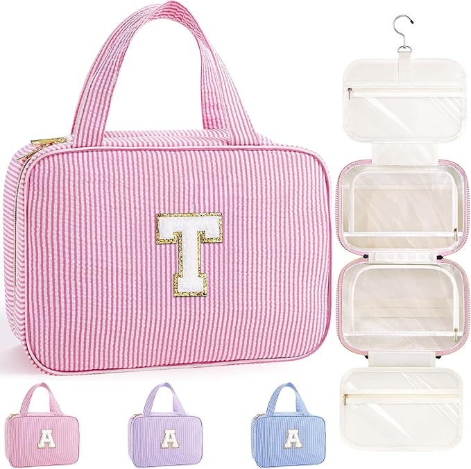 TOPEAST Hanging Toiletry Bag for Women - Travel Toiletry Bag Makeup Bag, Portable Toiletries Cosmetic Bag, Airplane Travel Essentials - Letter T, Pink