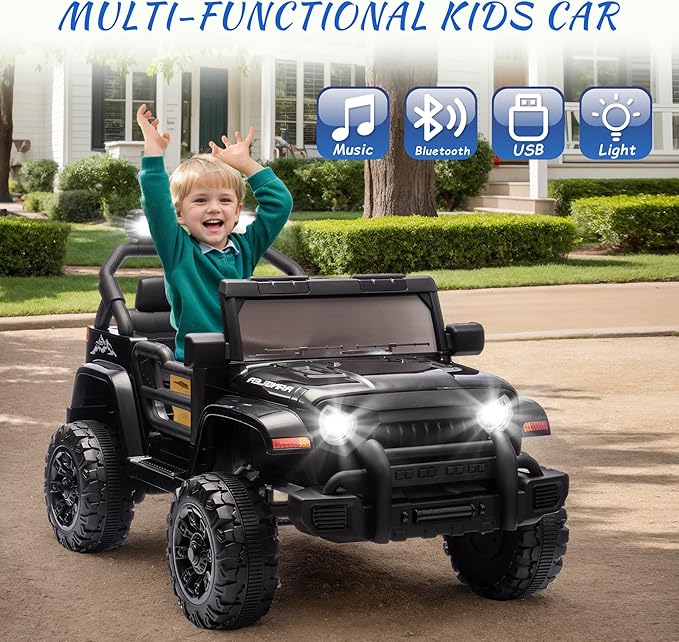 Ride on Truck Car, 12V Kids' Electric Vehicles W/Parents Control, Ride on Toys for Toddlers with Music, Bluetooth, Four-Wheels Suspension, USB, Headlights, Black