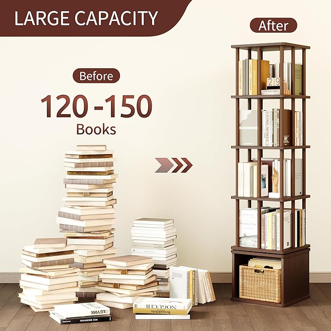 IOTXY 5-Tier Rotating Bookshelf Tower - Beech Wood Frame Spinning Bookcase with Storage Base, Tall Freestanding Revolving Shelf Organizer, Walnut