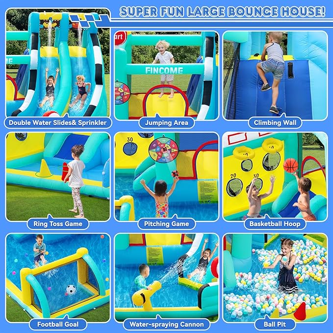Bounce House Double Slides for Kids 3-10, Large Bounce Castle with Air Blower 550W, Pool, Jumping, Climbing, Balls, Ring Toss, Inflatable Water Park for Birthday Party Holiday Outdoor Indoor