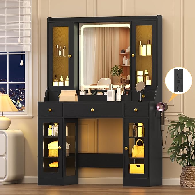Makeup Vanity Desk with Mirror and Lights, 41" Black Vanity Set with 5 Drawers & 4 Glass Cabinets, Power Outlet & Adjustable LED Lights, Dressing Table for Women & Girls Bedroom
