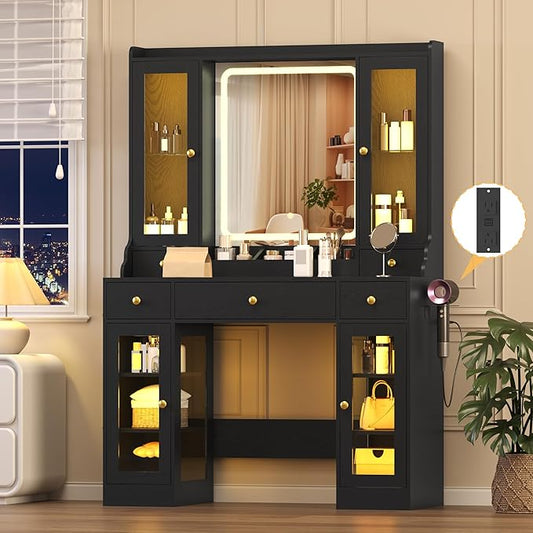 Makeup Vanity Desk with Mirror and Lights, 41" Black Vanity Set with 5 Drawers & 4 Glass Cabinets, Power Outlet & Adjustable LED Lights, Dressing Table for Women & Girls Bedroom