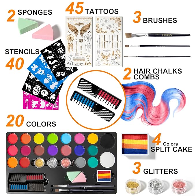 GOTIDEAL Face Painting Kit for Kids-20 Colors Water Activated Skin Face Paint Palette with Brushes,Stencils,Stickers,Glitter|Professional Facepaint Makeup kit for Halloween,Cosplay,Parties