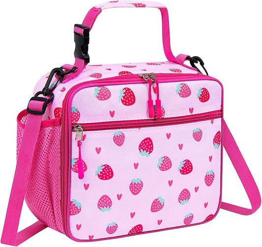 Kids Lunch Box Kids Lunch Bag for Girls Boys, Insulated Lunch Bag for Men with Shoulder Strap, Small Lunchbox for Girls School Travel Picnic (Pink, Strawberry)