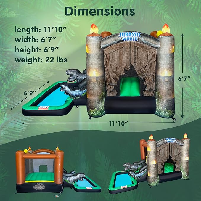Funormous Jurassic World Dinosaur Bounce House with Slide, Ball Pit & Pool – Indoor/Outdoor Inflatable Castle with GFCI Air Blower for Kids Ages 3–8