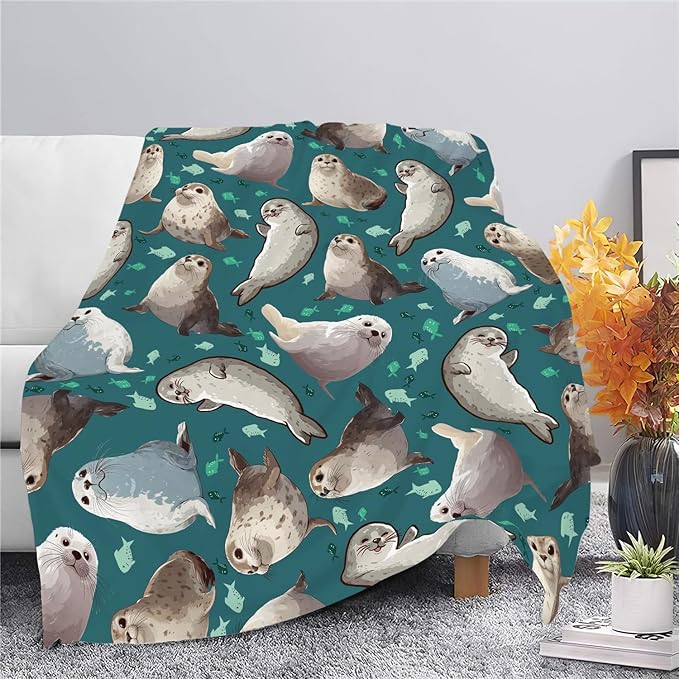 Seal Throw Blanket Ocean Seal Stuff Gifts for Kids Girls Boys Adults Women Men Soft Cozy Warm Plush Fluffy Fuzzy Fleece Blanket Decor 50''X60''