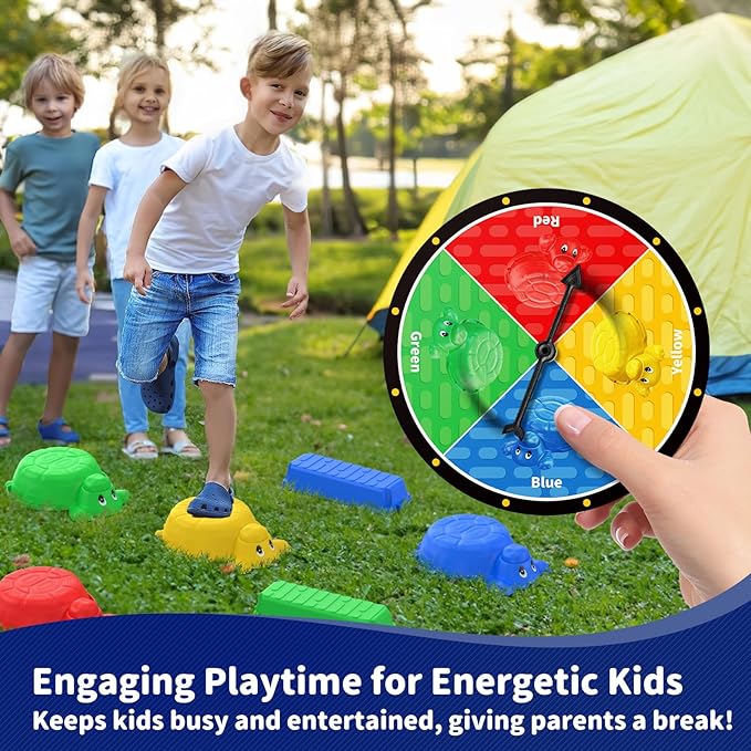 16 Pcs Balance Beam and Stepping Stones for Kids - 4 Turtle Shape Stepping Stones and 12 Connectable Beams with Sound Feature,Color Spinner, Riddle Cards, Fun Balance Training and Obstacle Course