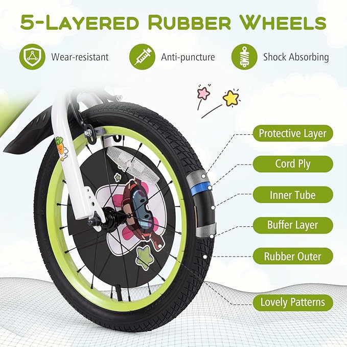 BABY JOY Rabbit Pilot Sporty Kids Bike, 12 14 16 18 Inch Child Bike for 3-8 Years Old with Adjustable Height, Training Wheels, Storage Basket, Handbrake & Coaster Brake, Kids Bicycle for Girls Boys