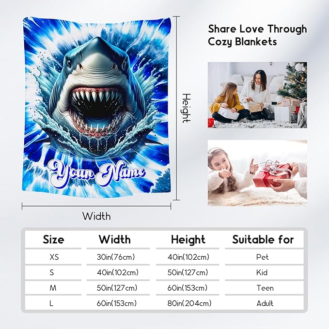 UNIKITTY Personalized Blanket for Kids, Shark Blanket for Boys, Custom Shark Gifts for Toddlers, Warm Fluffy Tie Dye Throw for Couch (4 Sizes)