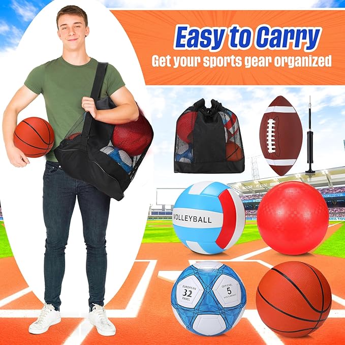 Jenaai 5 Set of Sport Balls, Assorted Official Size Athletic Balls Include Basketball Football Soccer Volleyball Playground Ball with Bags and Pumps, Sports Balls Pack for Kids Toys Gift