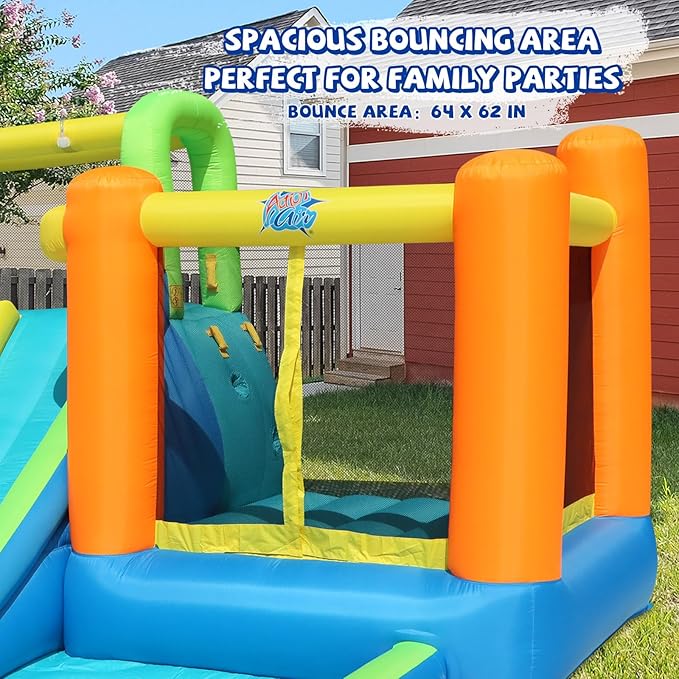 Action Air Water Slide, 7-in-1 Inflatable Bounce House with Large Pool, Extra Bouncing Area with Basketball Hoop, Large Bouncy Area 64x62 inch, Double Slide with Water Spray for More Fun