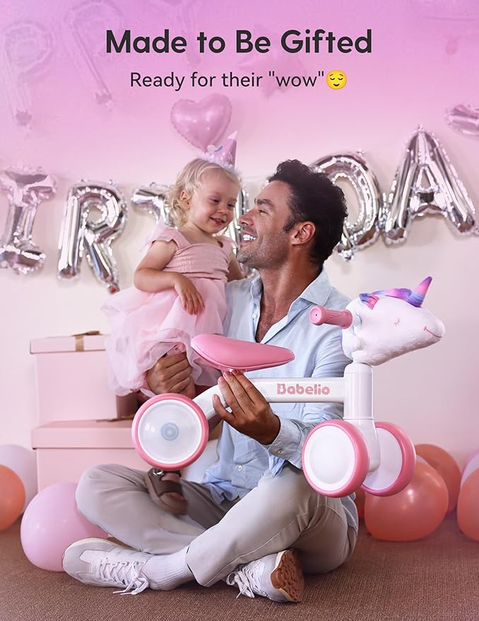 BABELIO Magic Rider Unicorn Balance Bike for 1-2 Year Old Girls Toy Gifts - 12-24 Months Toddler Balance Bike, Colorful Lighting Wheels, First Birthday Gifts for Girls, Pink