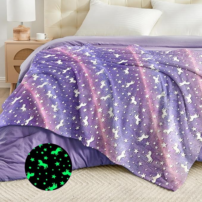 Wajade Unicorn Gifts Toys for Girls - Glow in The Dark Unicorn Blanket Birthday Christmas Decor for Kids Age 3 4 5 6 7 8 9 10 11 12 Years Old Teens Child Toddler Throw Purple 50"x60"