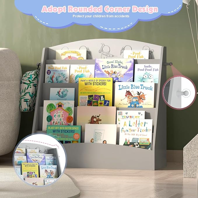 NACHES 5-Tier Kids Bookshelf - Toddler Book Display Shelves, Montessori Bookshelf for Kindergarten, Nursery, Bedrooms, Classrooms - Wooden Children Book Display, Grey