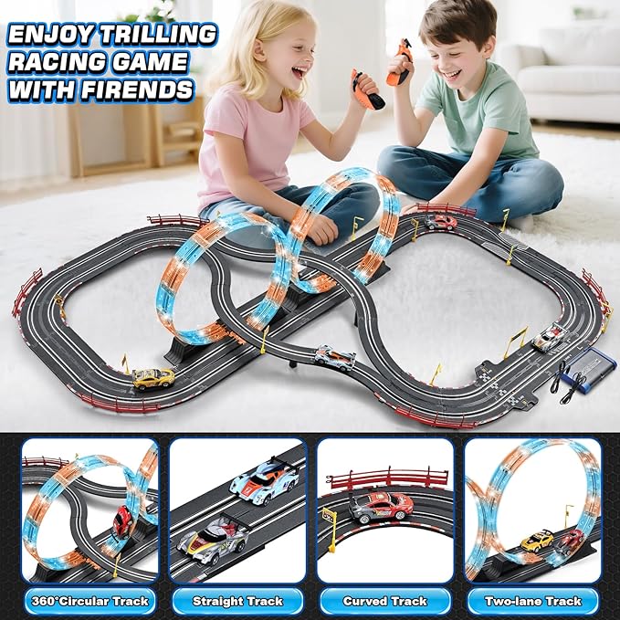 Boy Toys Gifts for 6 7 8-12 Years Old, Slot Car Race Track Sets with 4 Slot Cars, Battery or Electric Car Track with Flash Light, Dual Racing Game Lap Counter Circular Overpass Track Gifts for Kids