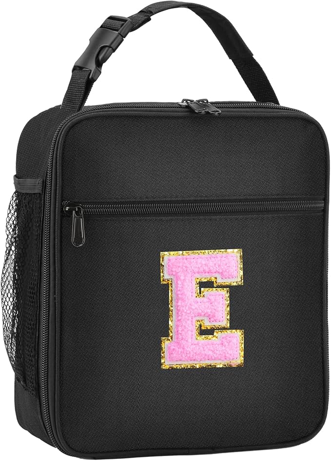Initial Insulated Lunch Bag, Lunch Box with Initial Letter Patch for Teen Adult, Reusable Lunch Bag for Men Women, Ideal Back to School Gift Birthday Gift, Pink E