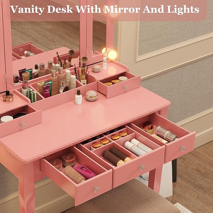 Vanity with Lights Girls Vanity Desk Set with Drawers Makeup Vanity Desk with Mirror and Lights Make Up Pink Makeup Vanity for Girls Table with Stool