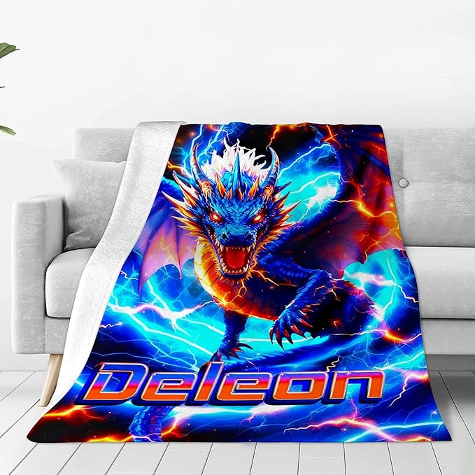 Custom Dragon Blanket with Name Personalized Lightning Throw Blanket for Boys Toddlers Gifts for Couch Sofa Bed Decor(Boy-02)
