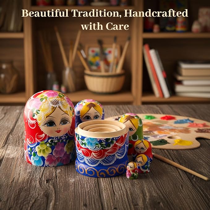 AMOR PRESENT Russian Nesting Dolls, 7PCS Wood Nesting Dolls Matryoshka Stacking Nested Set for Christmas Children Kids Birthday Gift