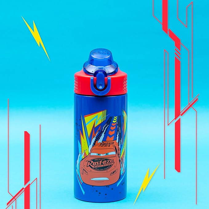 Zak Designs Disney Pixar Cars Sage Kids Water Bottle For School or Travel, 14oz Stainless Steel Water Bottle With Straw, Handle, and Leak-Proof, Pop-Up Spout Cover (Lightning McQueen)