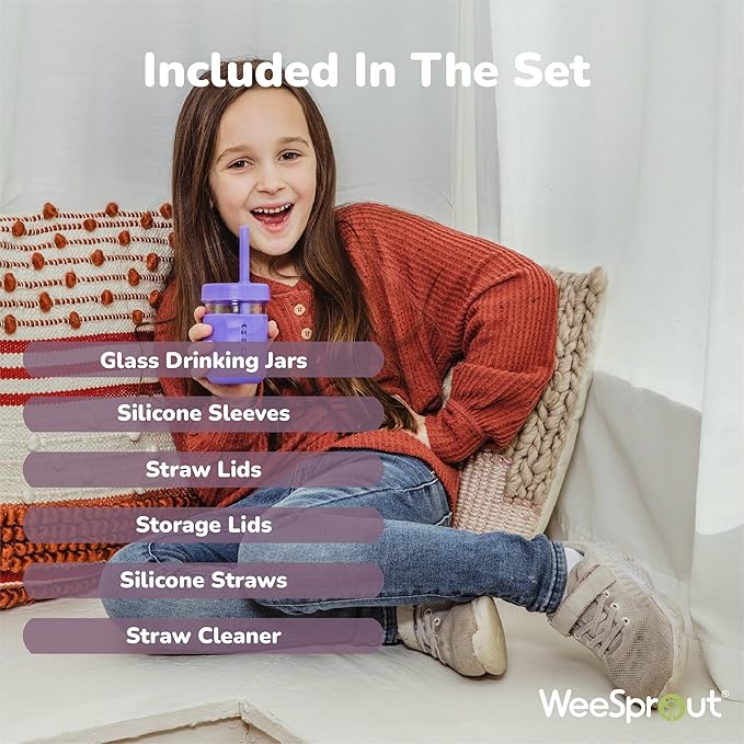 WeeSprout Glass Cups With Lids & Straws, Spill-Resistant Smoothie Jars for Toddlers & Kids, Baby Food Storage & Snack Containers, XL Silicone Straw, Easy-grip Sleeves, Set of Four, Dishwasher Safe