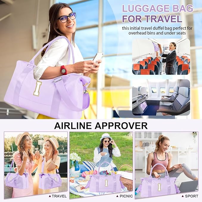 Dance Gym Duffel Bag for Teen Girls, Personalized Initial Travel Weekender Bag,Cute Overnight Carry On Duffle for Women,Sports Travel Cheer Bag,Monogram Christmas Gifts for Tween Preppy(purple-I)