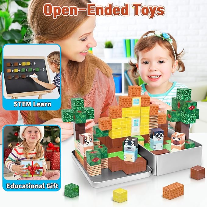 70PCS Magnetic Blocks Travel Toys for Kids with Iron Box, Mini Building Blocks for Boys Girls Ages 3 4 5 6 7 8, Portable Magnet Cubes STEM Travel Essential Toys for Toddlers Christmas Birthday Gifts