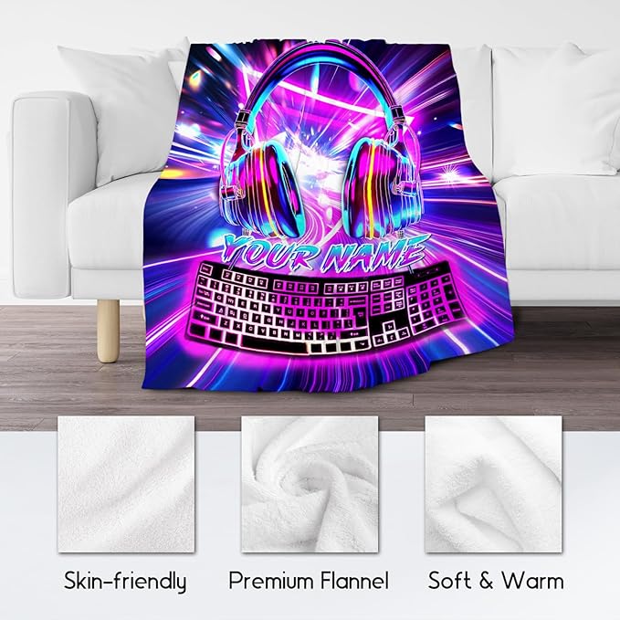 Custom Boys Blanket - Gaming Blankets for Teenage Boys - Personalized Kids Blanket with Name - 60"x80" Warm Flannel Gamer Throws for Bed