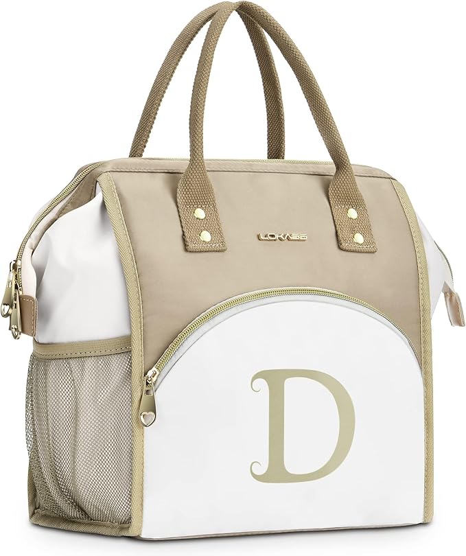 Personalized Lunch Box for Women, Initial Reusable Insulated Lunch Bag, Wide-Open Adult Lunchbox Cooler Lunchbag, Leakproof Lunch Tote for Picnic Work Outdoors, Christmas Gift for Women, Brown - D