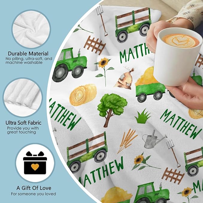 Custom Tractor Blanket with Name Personalized Tractor Blankets for Girls Boys Women Men Customized Blanket Gifts for Birthday 90"x120"for Whole Family