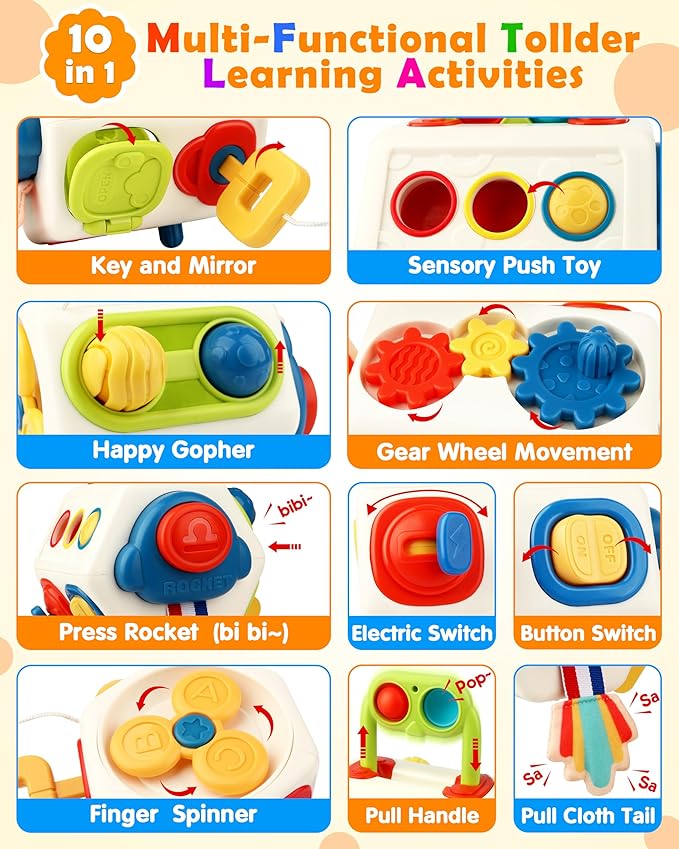 Vanmor 10-in-1 Busy Cube for 18+ Months Toddlers - 8-Sided Montessori Sensory Activity Cube with Fine Motor Skills Learning, Travel Fidget Toys for Airplane Car Seat, Gift for Boys Girls