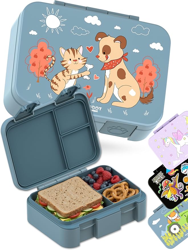 BEARFOOT Kids Lunch Box with Compartments – Compact & Lightweight | Leak-Proof, BPA-Free, Dishwasher & Microwave Safe | Hand-Drawn Design for Preschool, School, Travel (Dog & Cat Blue, 2.75 Cups)