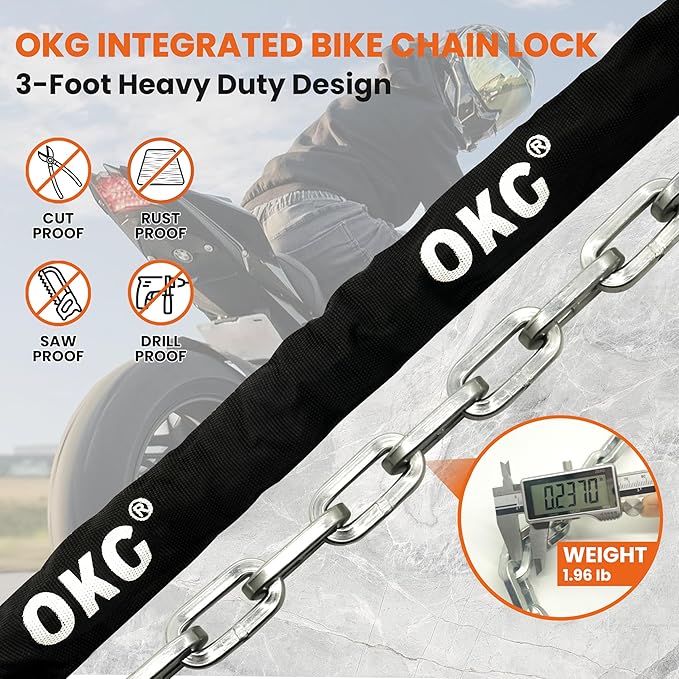 OKG Bike Chain Lock - 3ft, 1/4 Inch Thick Cut-Proof Chain, Hardened Alloy Steel Anti-Theft Bike Lock with 2 Keys & Protective Sleeve for Bike, Moped, Scooter, Gate, Fence