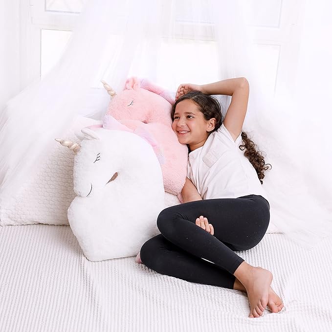 Perfectto Design Set of 2 Decorative Unicorn Pillows for Girls Kids Bed Room - White Pink Fluffy Plush for Baby Girl, Cute Throw Pillows Bedroom Décor, Teepee