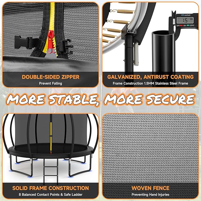 10FT 12FT 14FT 15FT 16FT Outdoor Trampoline with Enclosure Net, Heavy Duty Yard Trampolines, ASTM Approval Recreational Trampolines for Kids and Adults