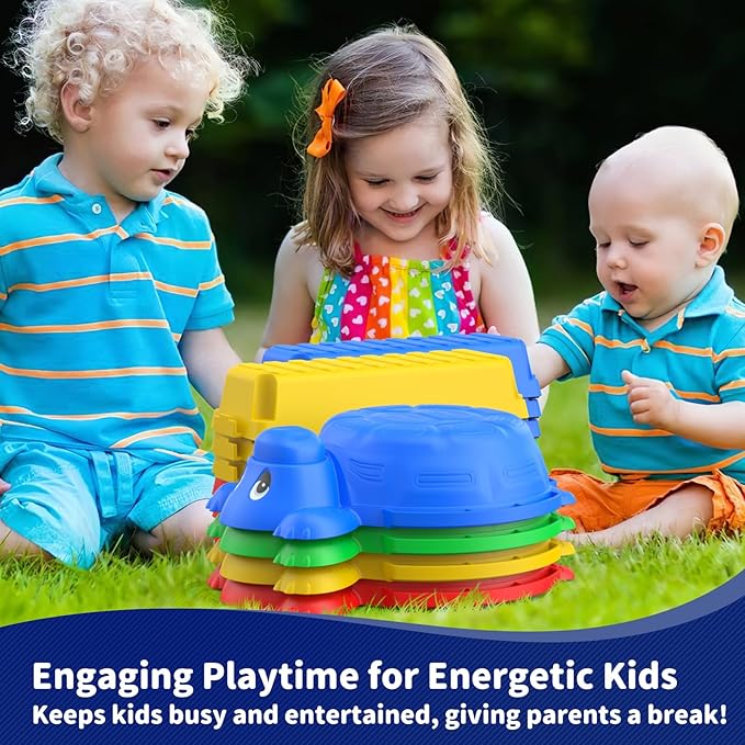 16 Pcs Balance Beam and Stepping Stones for Kids - 4 Turtle Shape Stepping Stones and 12 Connectable Beams with Sound Feature,Color Spinner, Riddle Cards, Fun Balance Training and Obstacle Course