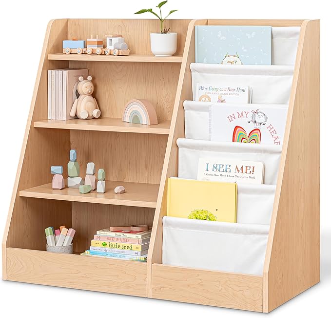 Comfy Cubs Kids Bookshelf 35.2 x 15.7 x 31.5 Inches - Sturdy MDF Montessori Book Shelf with Soft & Hard Shelves for Toys & Books - Child-Friendly, Easy Access Storage Organizer for Kids - Wood