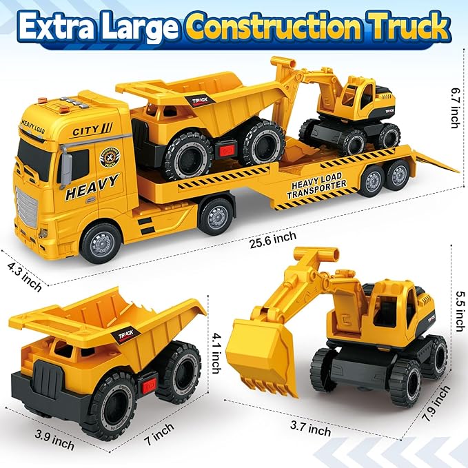 SpringFlower 3 4 5 6 Toddler Boy Toys, 25" Construction Carrier Toy with Excavator and Dump Truck,3 in 1 Truck, Christmas Birthday Gifts for Kids 3 4 5 6 Years Old