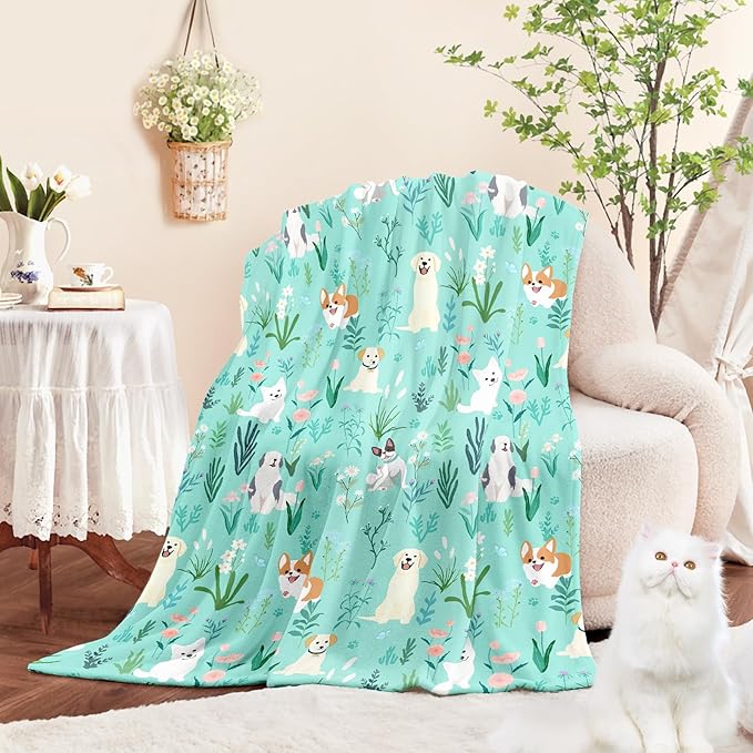 Wajade Floral Puppy Dog Blanket for Kids Toddler Soft Flannel Sage Green Bed Blanket for Kids Adults Teens Plush Cute Christmas Birthday Gifts 60"x80"