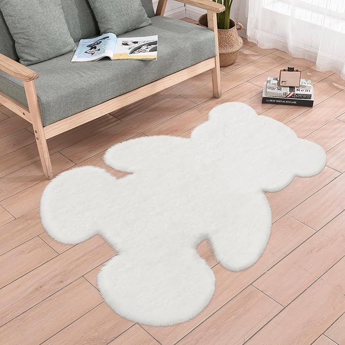 4x5.3 ft White Bear Shaggy Large Rug, Soft Fluffy Faux Sheepskin Fur Rug Fuzzy Shag Area Rug Cute Plush Carpet for Nursery Kids Girls Bedroom Room Aesthetic Living Room Floor Home Decor, White