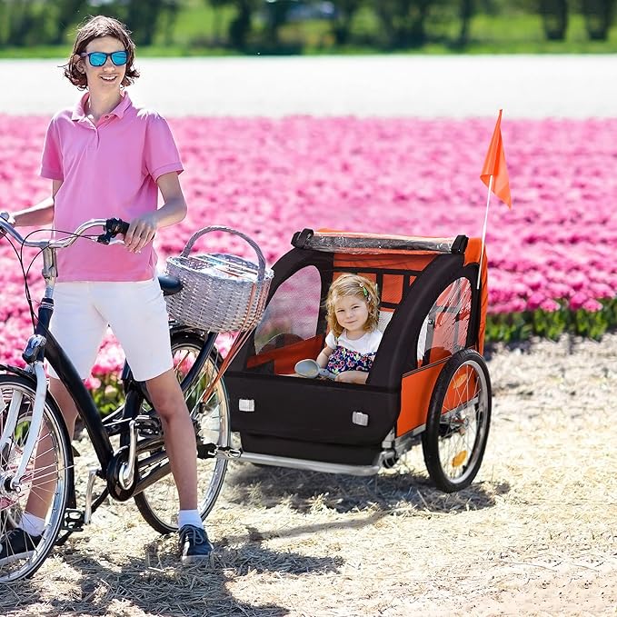Aosom 2-Seat Child Bike Trailer for Kids with a Strong Steel Frame, 5-Point Safety Harnesses, & Comfortable Seat