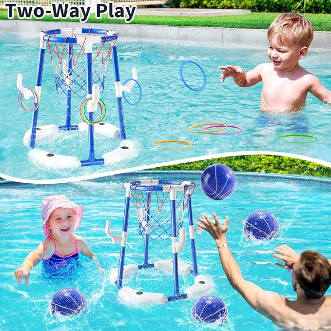 Pool Basketball Hoop, 2-in-1 Floating Pool Toys Ring Game with 4 Balls and Pump, Outdoor Swimming Pool Basketball Games Water Play Toy Family Party for Kids Adults Age 3-12 (Blue)